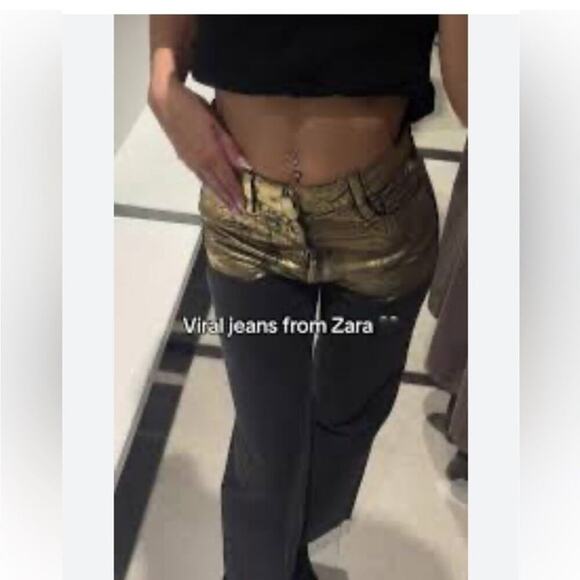 Zara Black and Metallic Gold HIGH WAIST Z1975 STRAIGHT LEG FOIL JEANS - Picture 2 of 11